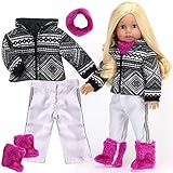 Sophia's Doll Clothing Ski Outfit for Dolls |18 in Doll Snowsuit | 4 Pc Set, Black & White Geometric Print Ski Coat, White Pants, Berry Neck Warmer & Fur Boots, Perfect for American Dolls & More!