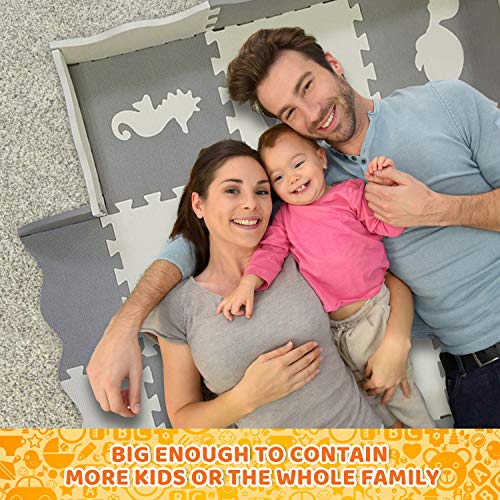 Baby Play Mat with Edges - Extra Large (6ftx6ft) Extra Thick (0.56") Interlocking Foam Tiles with Sea Creatures Patterns | Crawling Mat for Infants | Puzzle Mat for Kids (Grey and White)