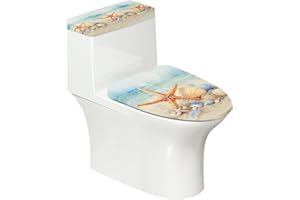 Maiyoinou Toilet Lid Cover and Toilet Tank Lid Cover 2 Pieces, with Elastic Edge Bathroom Accessories Decorations Fit for Most Round Elongated and Oblong Lids, Starfish Seashell Painting
