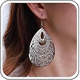 Andelaisi Boho Filigree Teardrop Dangle Earrings Vintage Hollow Carved Earrings Silver Waterdrop Drop Earrings Lightweight Chandelier Earrings Jewelry for Women