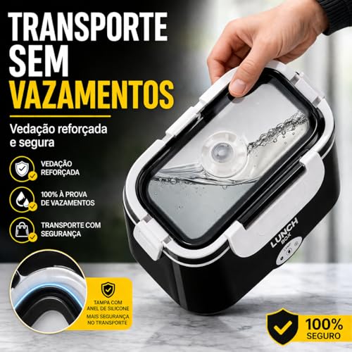 Marmita Elétrica Portátil 1,5L Bivolt e Veicular 12V | Divisórias internas, tampa vedada, térmica, trabalho, viagens, livre de BPA, refeições aquecidas