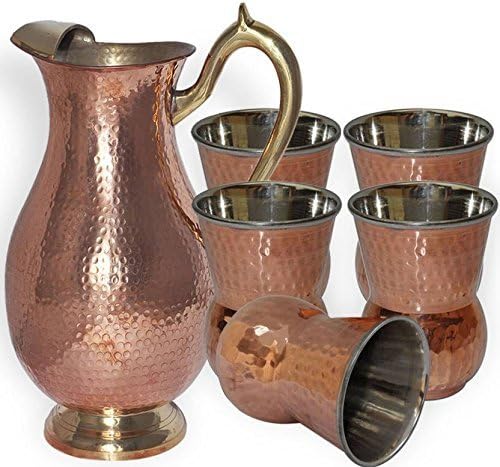 CHRISTMAS GIFT "JAI GURU JI" Royal Mughlai Jug Pitcher (Capacity - 64.24 oz) with 5 Copper matka Tumbler - CHRISTMAS GIFT