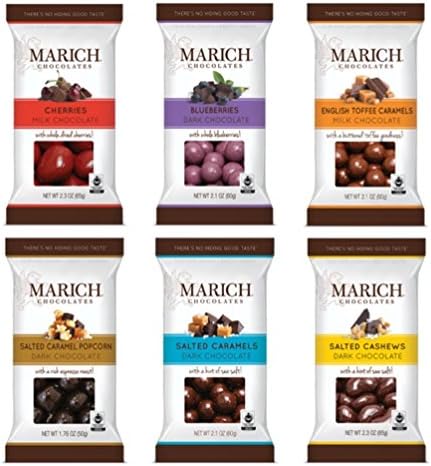 Marich Premium Chocolates 6 Flavor Sampler Bundle, (1) each: Cherries, Blueberries, English Toffee Caramels, Dark Salted Caramel Popcorn, Salted Caramels, Salted Cashews (1.76-2.3 Ounces)