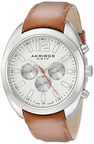 Akribos XXIV Men's AK777SSBR Multifunction Quartz Movement Watch with Cream Dial and Cognac Calfskin Leather Strap