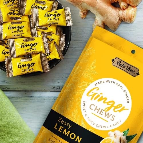BALI’S BEST GINGER CHEWS, ZESTY LEMON FLAVOR, 5.08 OZ, INDIVIDUALLY WRAPPED SOFT CANDY, MADE WITH 100% REAL GINGER, DIGESTIVE HEALTH SUPPORT, UPSET STOMACH RELIEF, HALAL