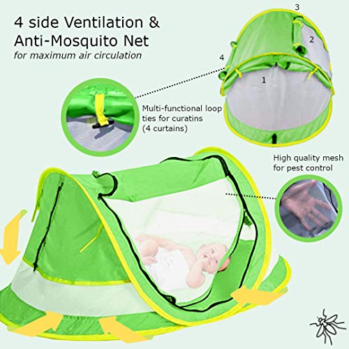 Wayfinder TravelTot, Baby Travel Tent Portable Baby Travel Bed Indoor & Outdoor Travel Crib Baby Beach Tent UPF 50+ UV Protection w/Mosquito Net and 2 Pegs (Green/Yellow)