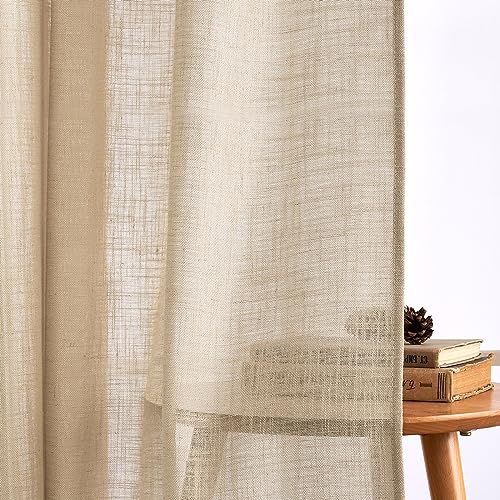 Woaboy Linen Curtains with Frunction Tape Curtains Bedroom Window Translucent Modern Curtains for Living Room Bedroom 2 Pieces 140 x 245 cm Beige