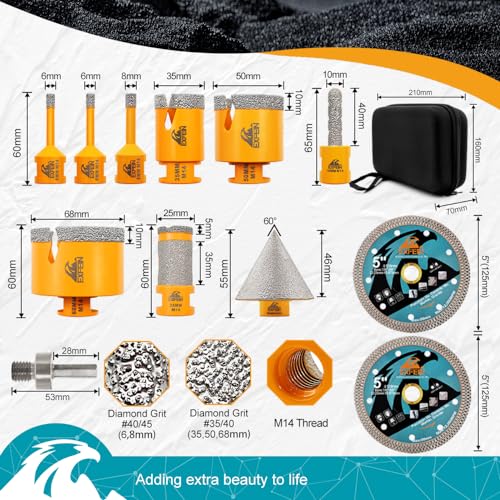 12-Piece Diamond Tile Drill Bit Kit – EXFEIN Hole Saw 6/6/8/25/35/50/68 mm + 10 mm Finger Drill Bits + 50 mm Bevelled Chamfer Bits + Adapter + 2 x 125 mm Diamond Disc for Porcelain Marble Granite