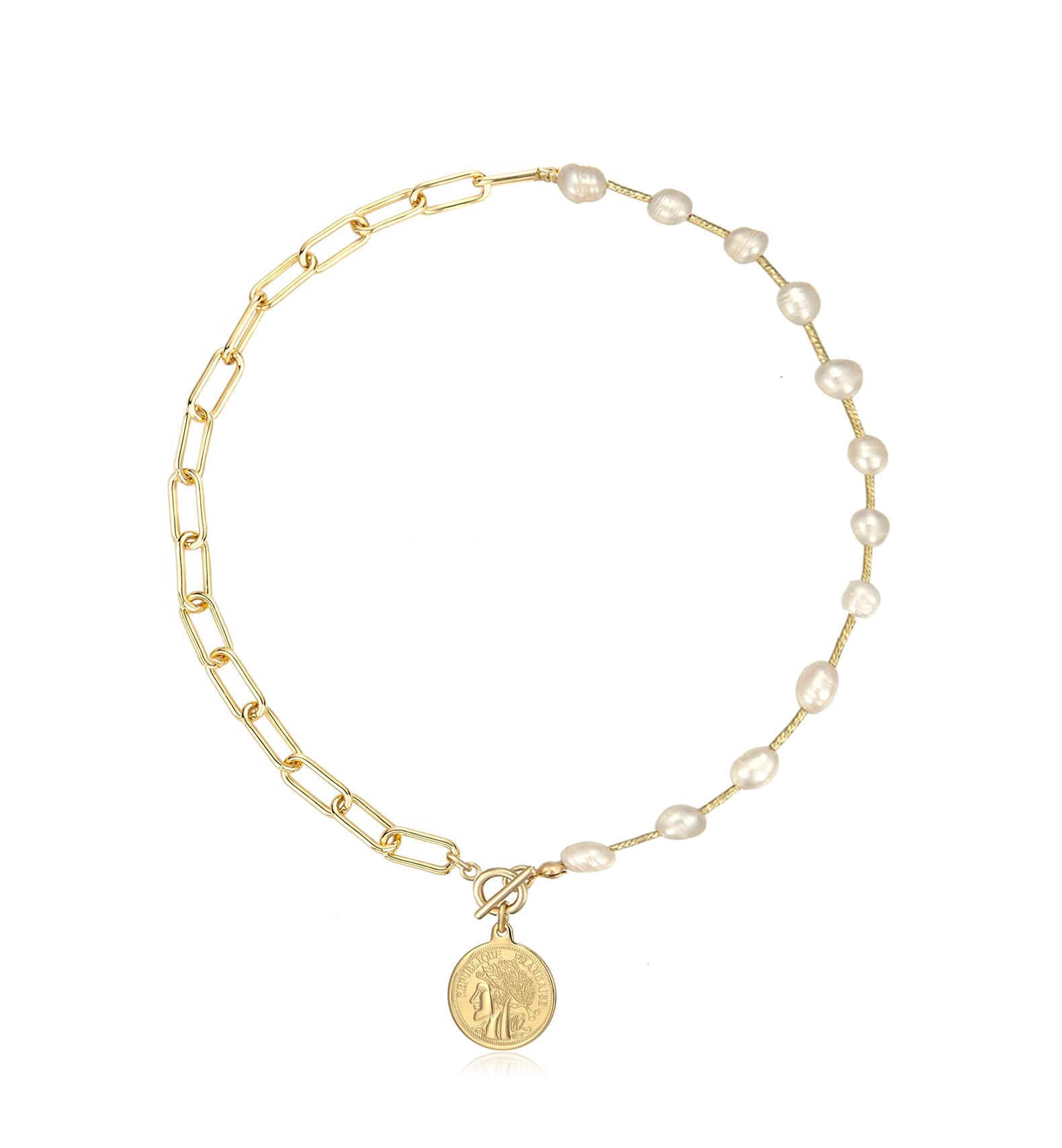 KVLmoze Coin Pendant Pearl Necklace 18K Gold Plated Paper Clip 8mm Handpicked Pearl Trendy Choker Jewelry Gifts for Women Mom