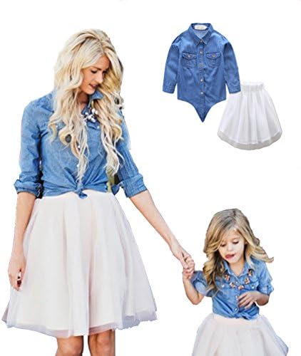 Mother and Daughter Denim Top T-Shirt Blouse + Layered Skirt Family Look Matching 2PCS Set Clothing