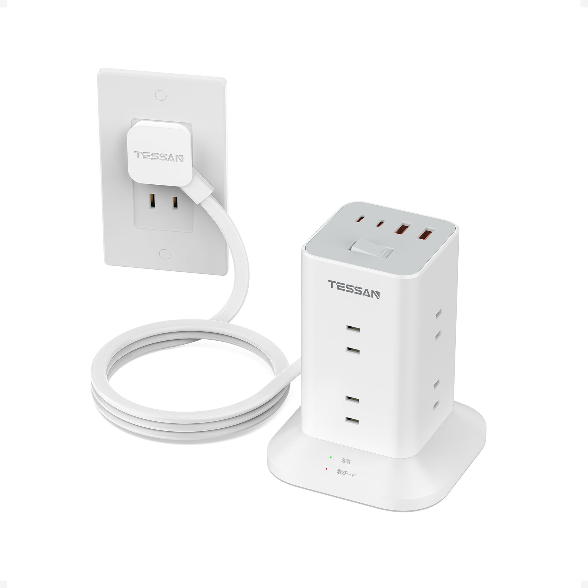 TESSAN 電源タップ タワー型 延長コード 2m 薄型プラグ 8個AC コンセント USBポート4個(Type-A/C) PD20W テーブルタップ たこあしコンセント タコ足配線 マルチ OA 雷ガード 一括スイッチ 省エネ mini型 おしゃれ