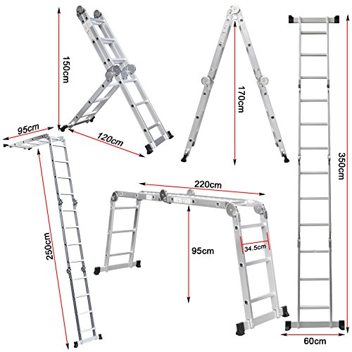 Extension Length 15.5ft (473cm) 330lb Capacity Aluminum Multi Purpose Extension Ladder 4x3 Steps with Safety Locking Hinges Folding Ladders also used as Work Platform - Thumbnail 7