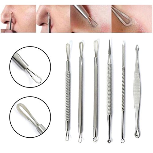 Veepola 6Pcs Stainless Double-head Blackhead Facial Acne Spot Pimple Comedone Remover Extractor Tool
