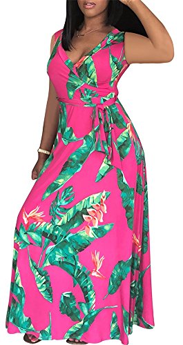Lajiojio Women Sleeveless Deep V Neck Floral Printed Casual Wide Maxi Long Dress
