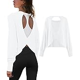 DERAX Long Sleeve Open Back Workout Tops Athletic Shirts Casual Running Tee Y2k Yoga Gym Tops White L