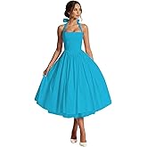 KDJZDE Satin Prom Dresses for Women Tea Length Pleated Evening Gown Layered Puffy Elegant Formal Party Gowns with Bow