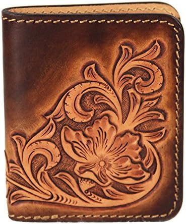 LengRen Senior Handmade Short Folding Wallet Carved with Plant Pattern in Tang Dynasty Genuine Italian Full Grain Leather with Vegetable Tanning Technology, Coffee