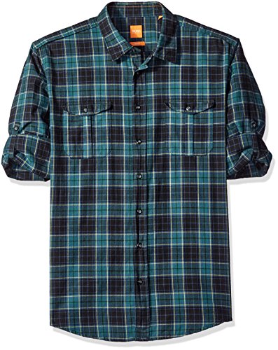 BOSS Orange Men's Caedttoe Plaid Flannel Roll Sleeve Button Down Shirt, Green Plaid, X-Large