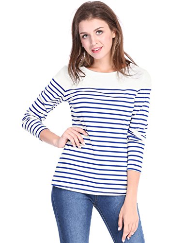 Allegra K Women's Round Neck Long Sleeves Color Block Striped Tops T Shirts Blue M US 10