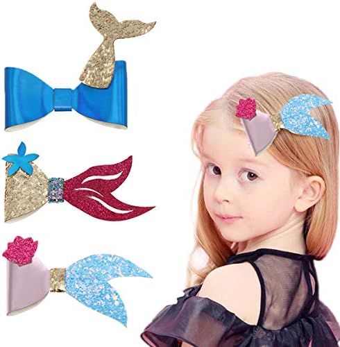 ZILucky 3Pcs Baby Girls Sparkly Glitter Mermaid Tail Hair Clips with Box Hair Bow Set Accessories
