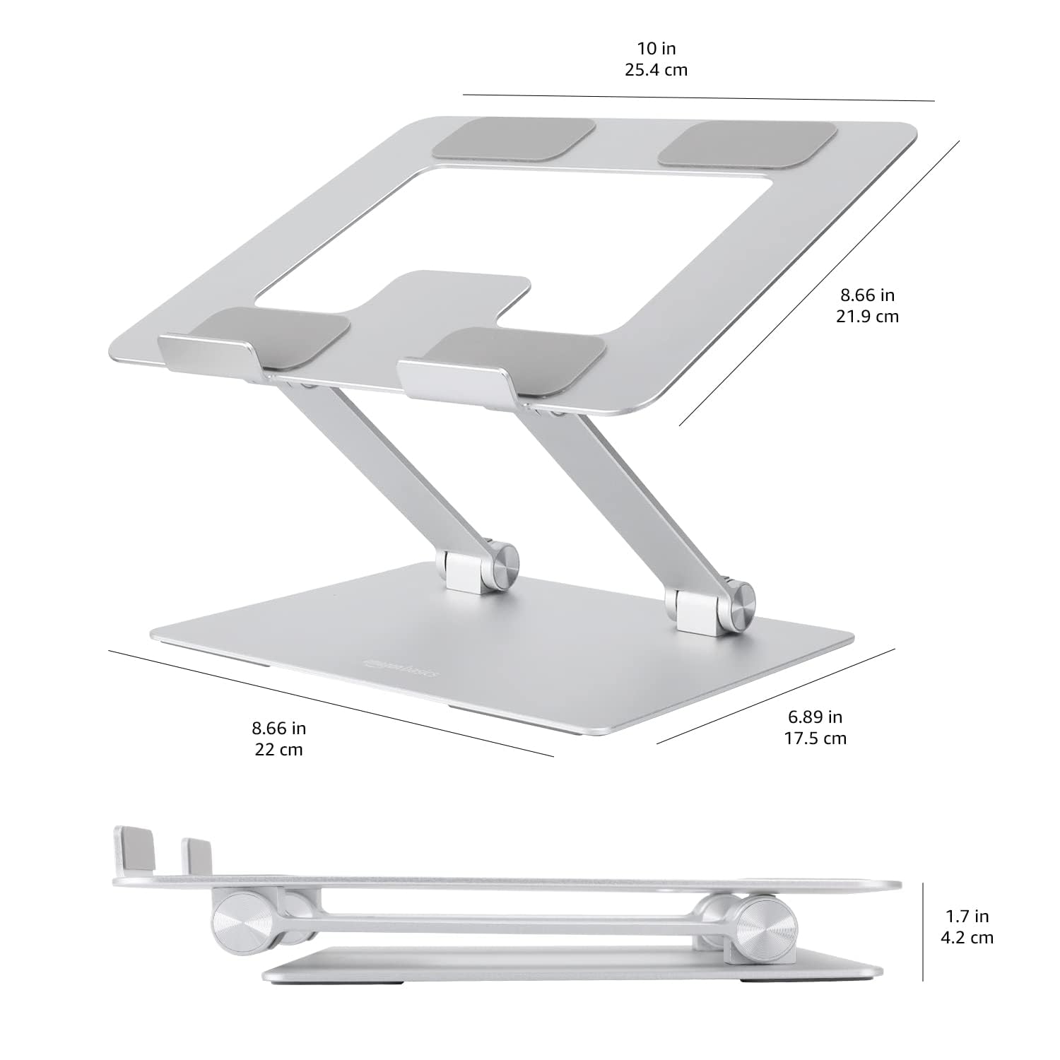Amazon Basics Sturdy and Portable Ergonomic Laptop Stand for Desk, Adjustable Riser, Fits all Laptops and Notebooks up to 17.3 Inch, Silver, 10 x 8.7 x 6 in