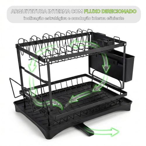 Escorredor de Louça Aço Inox 2 Andares Moderno com Drenagem Automática, Porta Talheres e Bandeja Coletora, Organizador de Pia para Pratos Copos e Utensílios, Resistente e Compacto