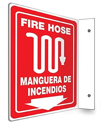 Accuform Signs Sbpsp445 Spanish Bilingual Projection 90D Sign, Legend "Fire Hose/Manguera De Incendios (Arrow)" With Graphic, 12" X 9" Panel, 0.10" Thick High-Impact Plastic, Pre-Drilled Mounting Holes, White On Red (846642060237)