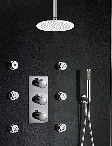 Ling@ Shower Tap 8 Inch Round Thermostatic Waterfall Rain Shower Faucet Valve Mixer Massage Jets Hand Shower