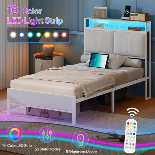 HOOBRO Twin Bed Frame, Metal Platform Bed Frame with Storage Headboard, Bed Frame with Charging Station and LED Light, White WW13UDBF01