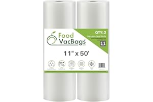 2 Rolls 11-Inch-by-50-Foot FoodVacBags Vacuum Seal Bags, Food Sealer Bags, Compatible with Foodsaver, Embossed Commercial Grade, Make Own Size for Sous Vide or Food Storage (100 Feet)