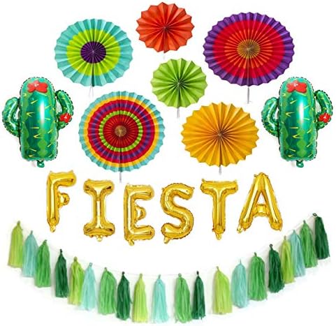 Fiesta Party Decorations Pack - 6 Colorful Paper Fans, Gold Fiesta Balloon Banner, Fiesta Party Tassel Garland, 2 Foil Cactus Balloons - Fiesta Party Supplies