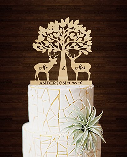 Unique Blossom Tree Deer Wedding Cake Toppers Engraved Mr and Mrs Personalized Name and Date Wedding Topper Rustic