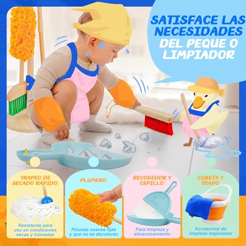 WEAGP Juego de Limpieza para Niños, 6 Piezas Set de Limpieza para Niñas Desmontables con Fregona Cepillo Escoba Recogedor Balde y Soporte Organizador, Regalo Juguetes de rol para Niñas Niños