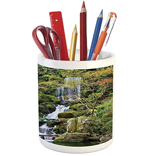 Pencil Pen Holder,Country Home Decor,Printed Ceramic Pencil Pen Holder for Desk Office Accessory,Pond in Asian Style Garden Arboretum Trees Bush Foliage Rocks Waterscape Picture