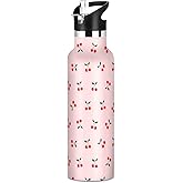 Sletend Water Bottle Kids Insulated Stainless Steel Hot Cold Cherry Fruit Water Flask Jug with Straw Lid for Sports Gym Running 20 oz