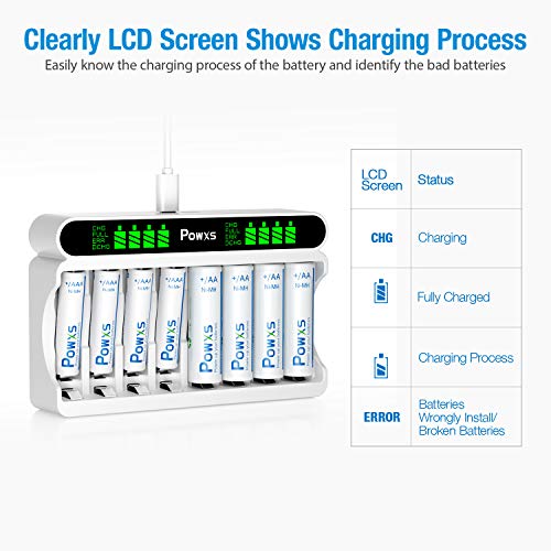 POWXS LCD AA AAA Battery Charger Independent 8 Bay Battery Charger, Including 4 Count AA and 4 Count AAA Rechargeable Batteries