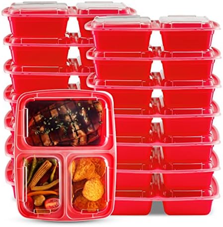 Glomery 3 Compartment Reusable Bento Lunch and Food Storage Container with Airtight Lid, Stackable, Microwavable, Freezer &amp; Dishwasher Safe Red, 14 Pack