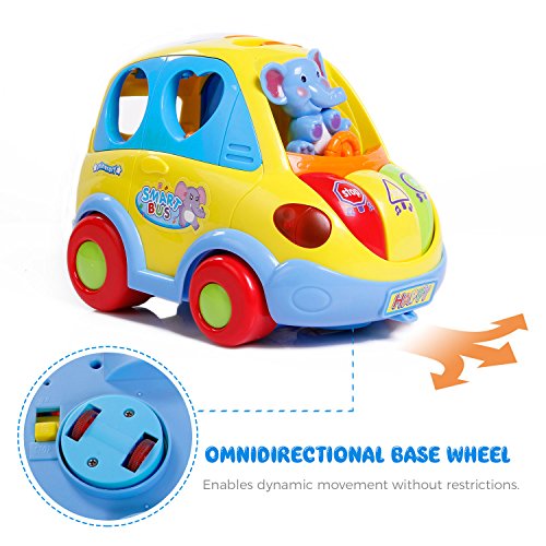 SGILE Musical Car Toy for Toddlers, Happy Elephant Educational Car Toy with Transforming Animal Block Shapes and Various Sounds and Omni-Directional Wheel