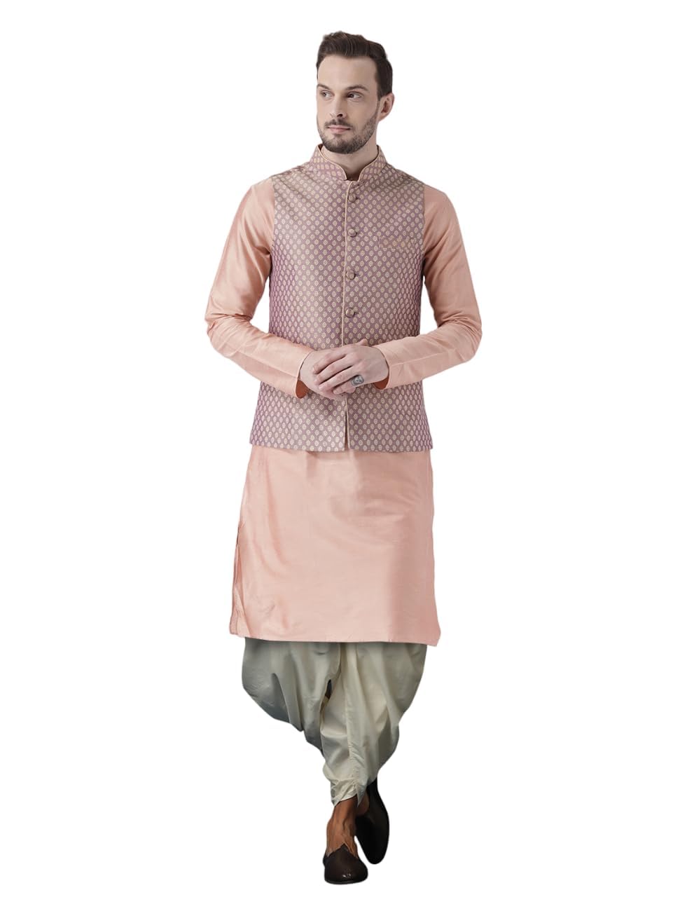 Photo 1 of KISAH Men's Kurta Set with Dhoti – Jacquard Art Silk Tunic with Mandarin Collar, Regular Fit – Indian Wedding Outfit for Men – Festive Wear for Diwali, Eid & Celebrations, Mauve, 42