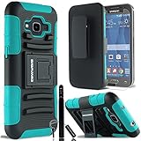 COVRWARE® Samsung Galaxy Core Prime / Prevail LTE - 3 in 1 Bundle - Heavy Duty Combat Armor Holster Case w/ built-in Kickstand, Locking Belt Swivel Clip + [ Screen Protector ] [ Stylus Pen ] - Teal