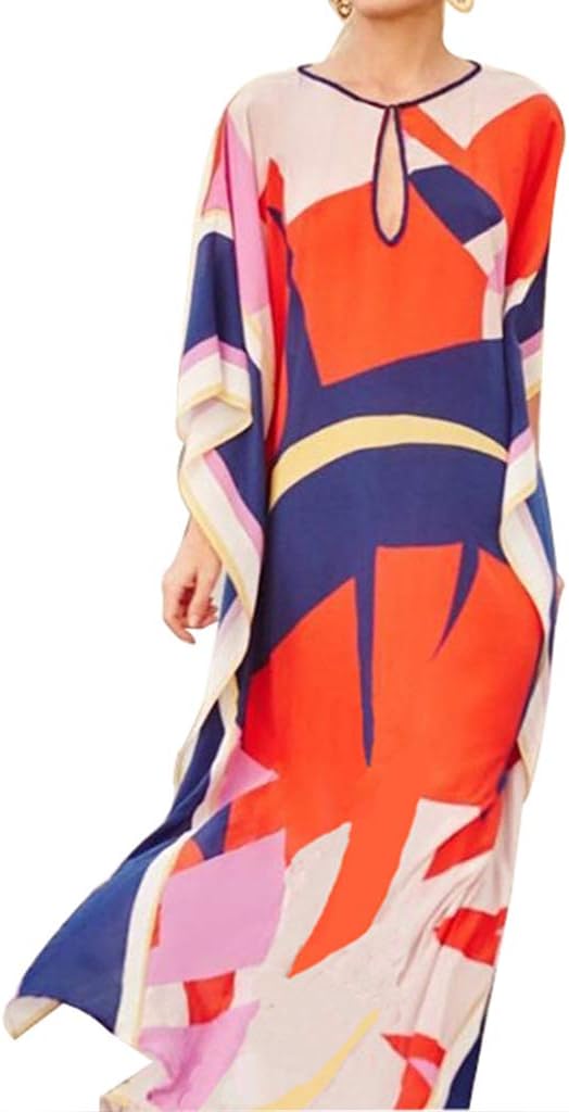 Womens Summer Sexy Keyhole Hollow Out Beach Maxi Dress Contrast Color Abstract Geometric Kaftan Swimsuit Cover Up Kimono Robe
