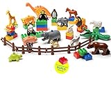 24 PC SET My First Farm and Wild Animals Figures Set (20 Pcs) with 4 Fences Included (Duplo Compatible)