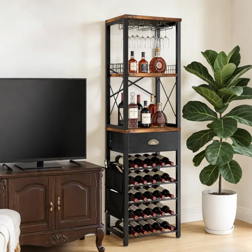 TENGTU Porta Botellas De Vino De 5 Capas para Botellas De Vino Y Licor, Rack De Almacenamiento con CajóN Y Portavasos, Medidas 30×40×148cm, FáCil De Montar para Cantina Bar Mueble para Casa