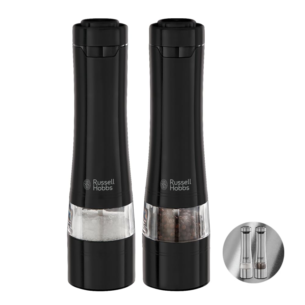 Russell Hobbs 28010-56 Electric Salt and Pepper Mill Set [2 Automatic Grinders] Black Stainless Steel (Adjustable Grinding Fineness, Ceramic Grinding Wheels, for Dried Spices, LED Lighting)