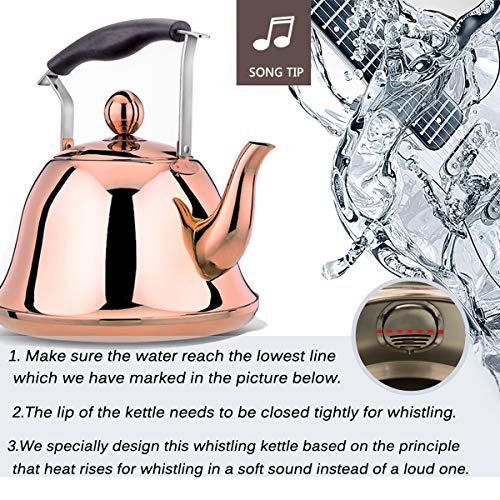 Rose gold Whistling Tea Kettle Stainless Steel Copper Stovetop Teakettle Sturdy Teapot for Tea Coffee Fast Boiling with Infuser Color Copper Mirror Finish 2 Liter / 2.1 Quart (Copper) - Thumbnail 3