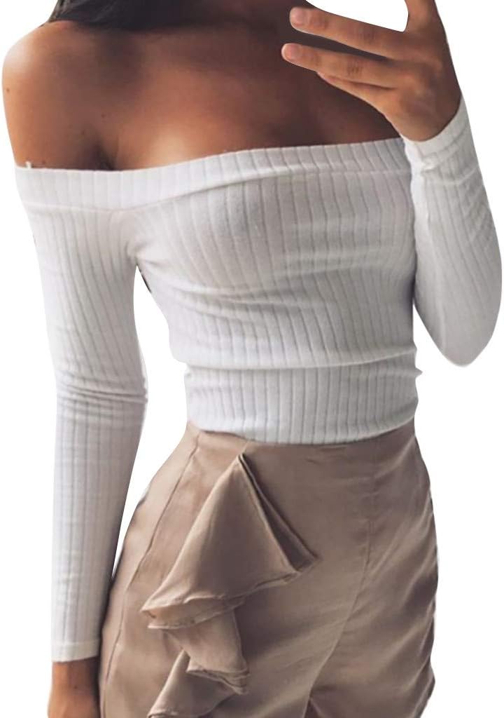 SUJING Womens Off Shoulder Long Sleeve Tops Striped Blouse Short Solid T-Shirt S-L