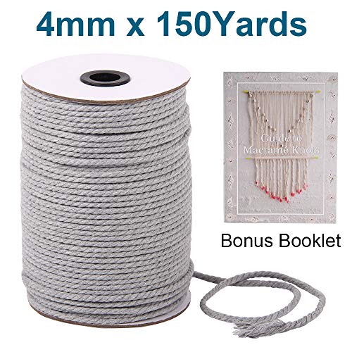 image for XKDOUS Colored Macrame Cord Light Gray 4mm x 150Yards, Grey Cotton Mac
