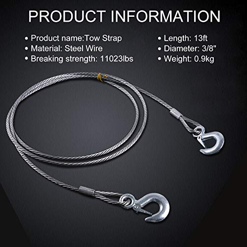 TiCoast Steel Winch Cable, 3/8 x 13ft, Wire Rope with Hook, 11023lb