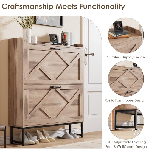Nicetree Shoe Cabinet with 2 Flip Drawers, Narrow Shoe Storage Cabinet with Metal Legs, Farmhouse Slim Shoe Organizer Cabinet for Entryway, Hallway, Foyer, Toasted Oak