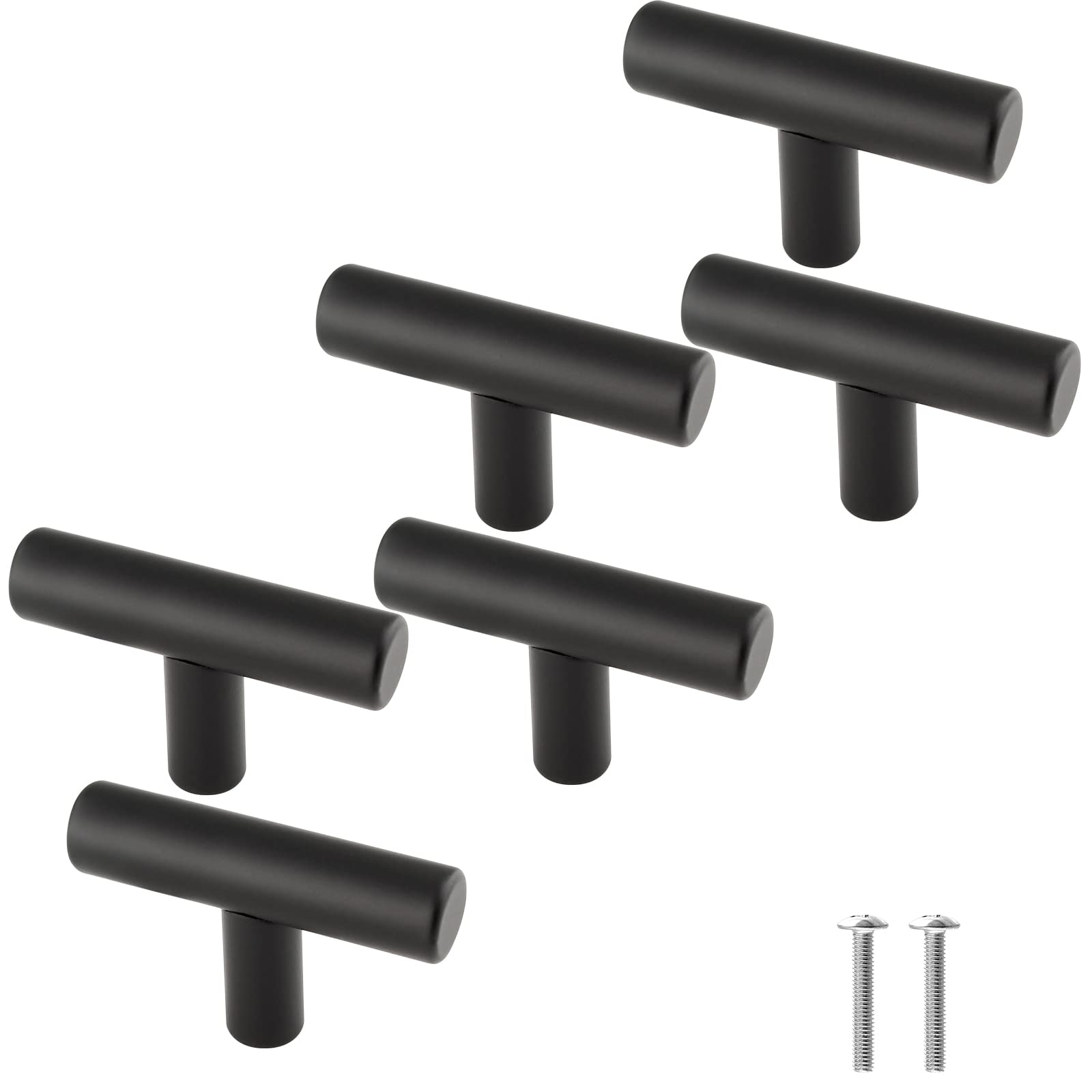 Cjueiom 6 Pack Matt Black Cupboard Knobs & Pull Handles, 50mm Length T Bar, Stainless Steel Drawer & Wardrobe Door Knobs for Kitchen & Bedroom Drawer & Closet